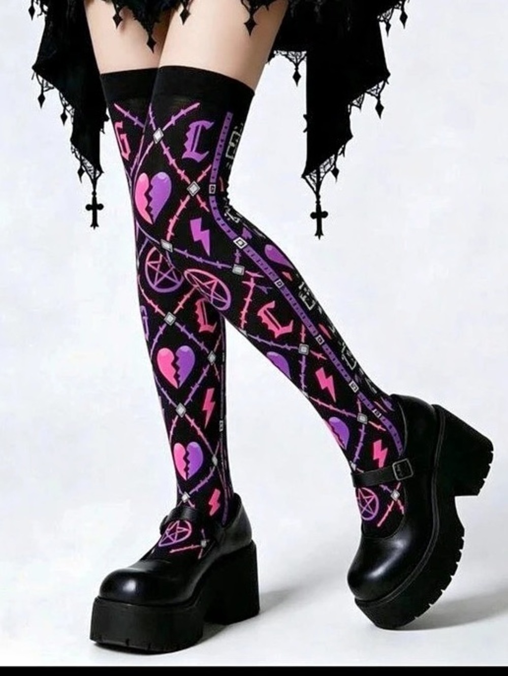 Black & Pink Over-the-Knee Patterned Socks